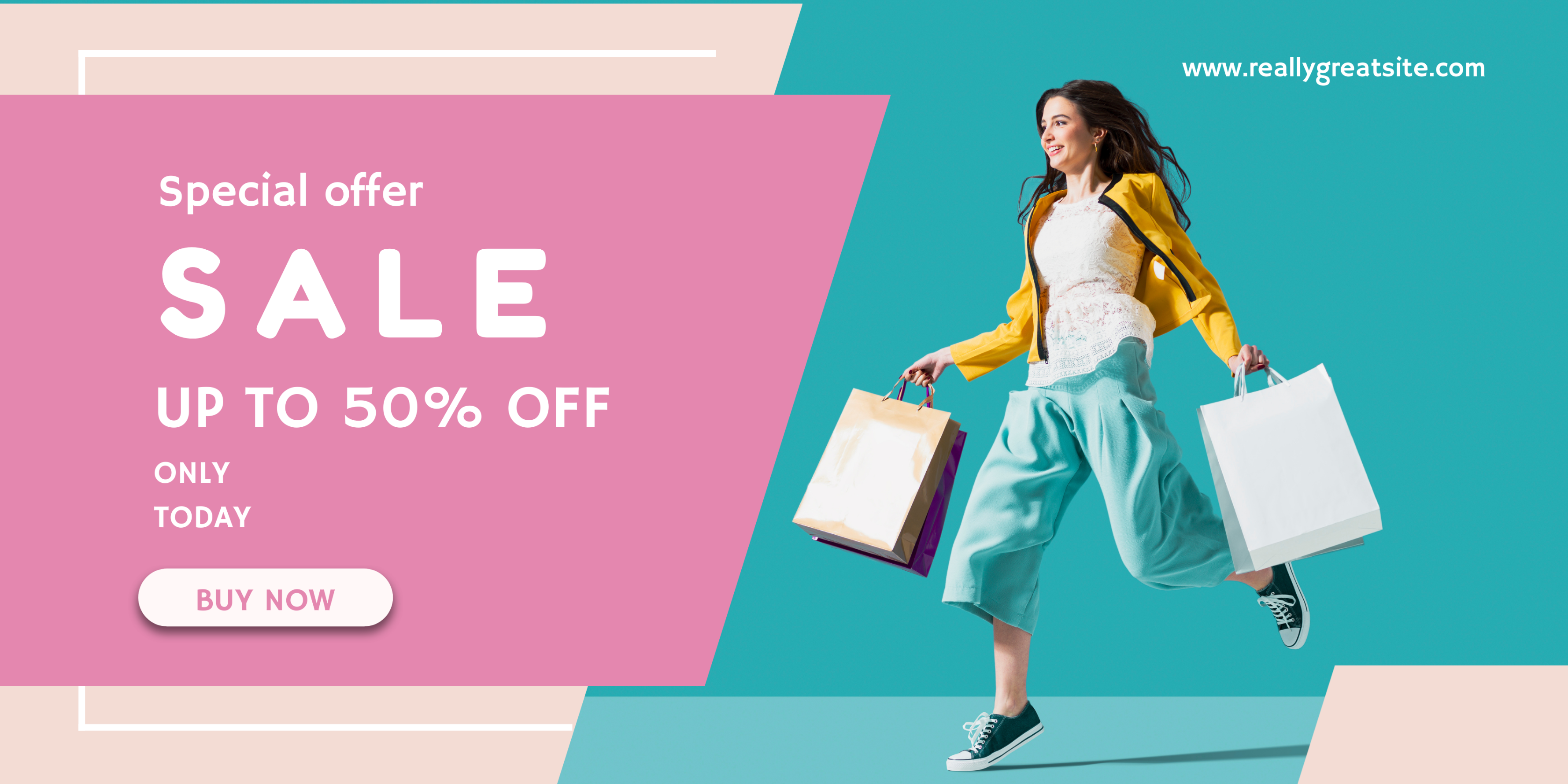 Woman running with shopping bags on a pink and blue background with sale text.